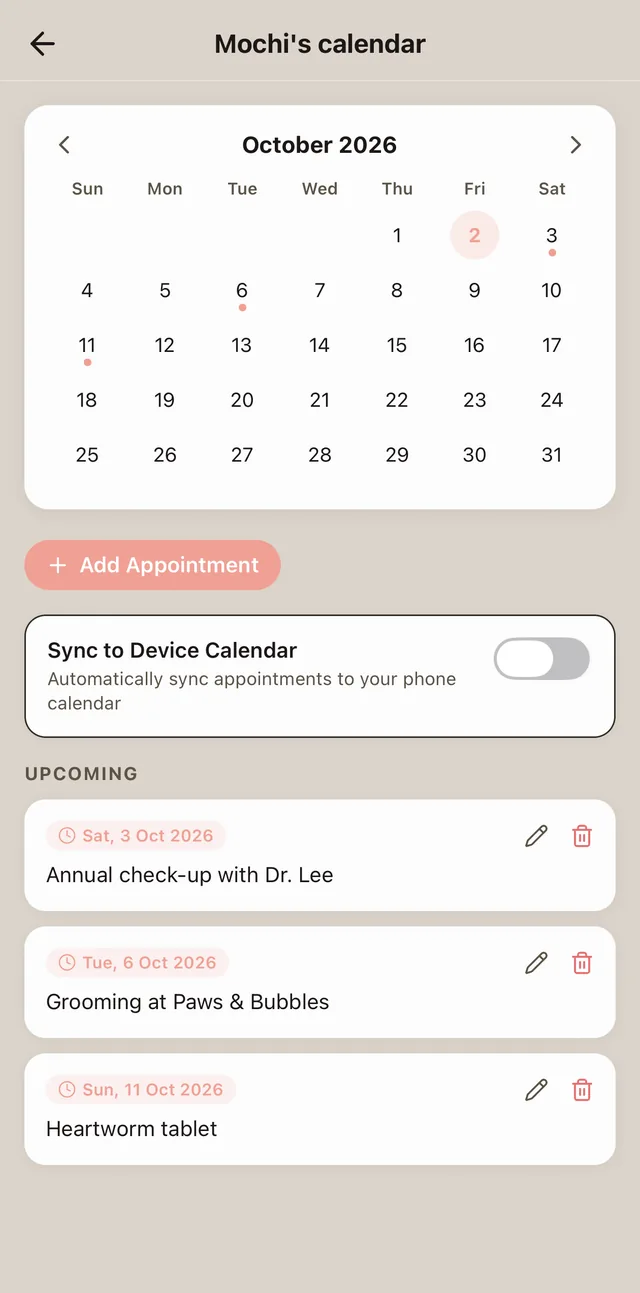 A pet's monthly calendar