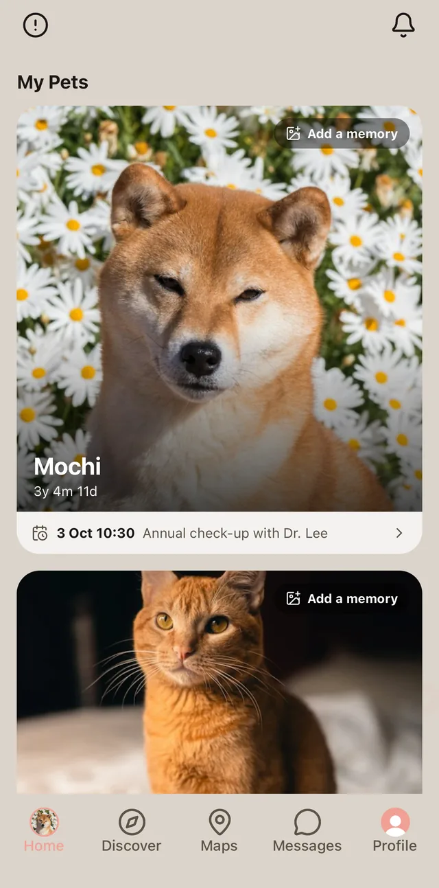 Pawfile Home with a card for each pet